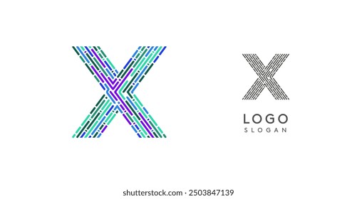 Colorful abstract letter X logo design with futuristic circuit pattern. Ideal for tech companies, digital media, software, apps, networking, branding. Vector illustration.