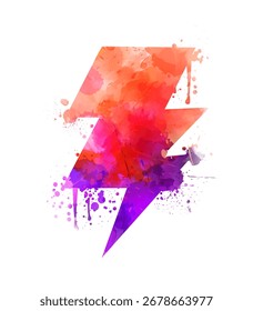 Un diseño de relámpago colorido y abstracto con salpicaduras de naranja, rojo y púrpura.
