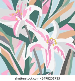 Colorful Abstract Lilly Flower with Contemporary style on Vector Seamless Pattern