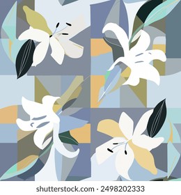 Colorful Abstract Lilly Flower with Contemporary style on Vector Seamless Pattern