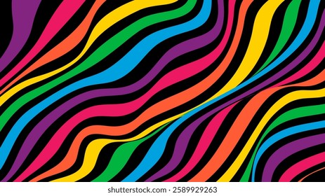 Colorful abstract linear distorted background. Retro, wavy psychedelic pattern