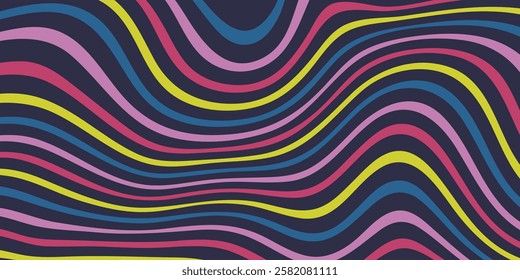 Colorful abstract linear distorted pattern. Retro background, wavy psychedelic texture, optical illusion effect