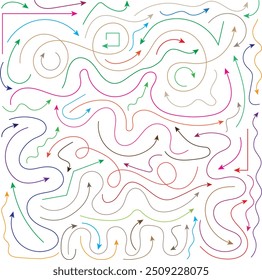 Colorful abstract lines, curvy lines with different angles, curved arrows lines.