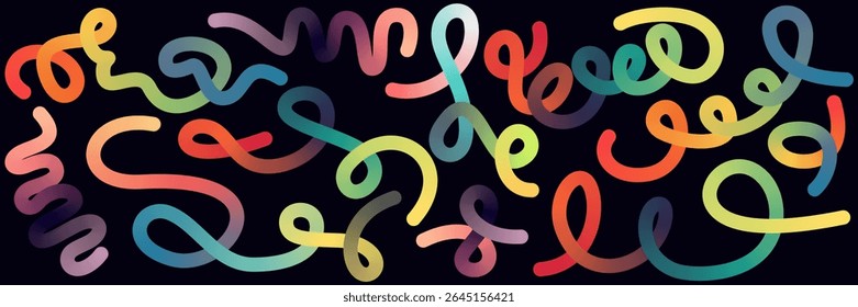 Colorful abstract lines isolated on dark background. Vector illustration of dynamic and vibrant wavy curve shapes. Ideal use for backgrounds, posters, card and digital fluid motion designs.