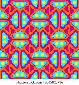 Líneas abstractas coloridas y formas redondeadas en mosaico en un patrón vector psiquínico colorido y azul en estilo retro de los años 60 y 70.