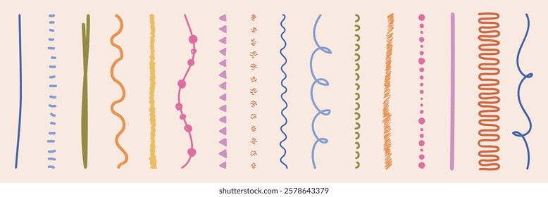 Colorful abstract lines and shapes, featuring wavy, dotted, and zigzag patterns. Abstract lines and shapes create a vibrant, playful design. Doodle illustrations, vector set.