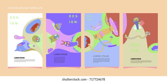 Colorful abstract liquid and curvy covers set. Bubble shapes cartoon character composition. Trendy retro design. Eps10 vector.