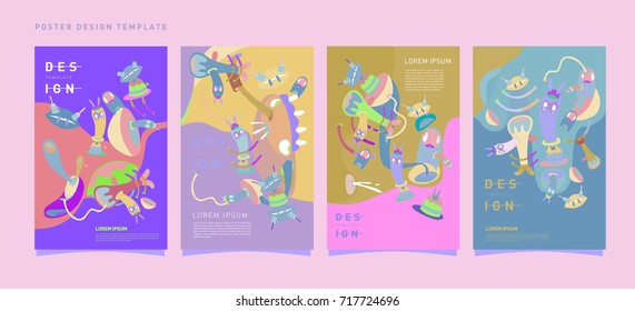 Colorful abstract liquid and curvy covers set. Bubble shapes cartoon character composition. Trendy retro design. Eps10 vector.
