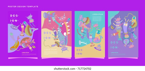 Colorful abstract liquid and curvy covers set. Bubble shapes cartoon character composition. Trendy retro design. Eps10 vector.