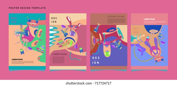 Colorful abstract liquid and curvy covers set. Bubble shapes cartoon character composition. Trendy retro design. Eps10 vector.
