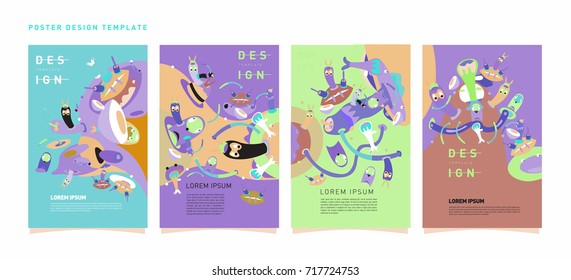 Colorful abstract liquid and curvy covers set. Bubble shapes cartoon character composition. Trendy retro design. Eps10 vector.