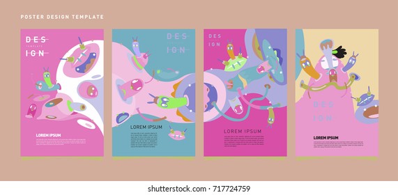 Colorful abstract liquid and curvy covers set. Bubble shapes cartoon character composition. Trendy retro design. Eps10 vector.