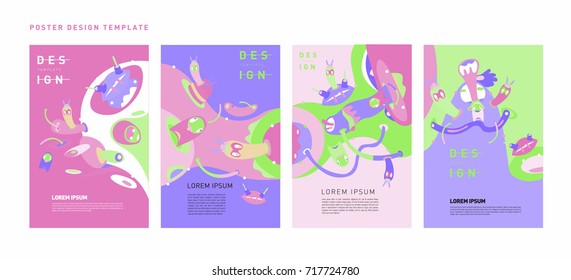 Colorful abstract liquid and curvy covers set. Bubble shapes cartoon character composition. Trendy retro design. Eps10 vector.