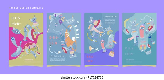 Colorful abstract liquid and curvy covers set. Bubble shapes cartoon character composition. Trendy retro design. Eps10 vector.