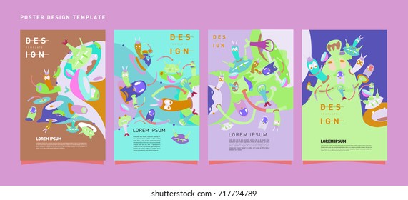 Colorful abstract liquid and curvy covers set. Bubble shapes cartoon character composition. Trendy retro design. Eps10 vector.