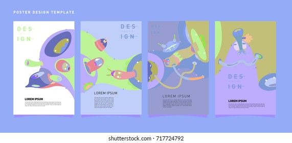 Colorful abstract liquid and curvy covers set. Bubble shapes cartoon character composition. Trendy retro design. Eps10 vector.