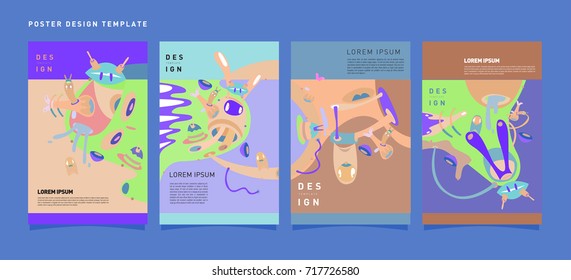 Colorful abstract liquid and curvy covers set. Bubble shapes cartoon character composition. Trendy retro design.