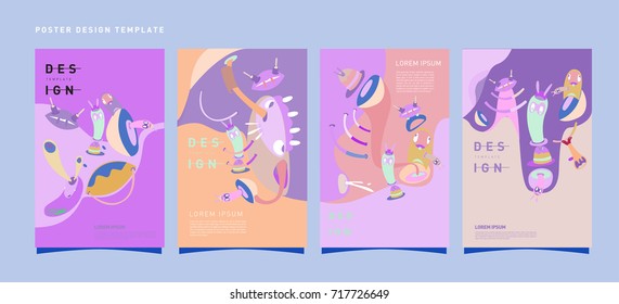 Colorful abstract liquid and curvy covers set. Bubble shapes cartoon character composition. Trendy retro design.