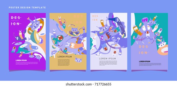 Colorful abstract liquid and curvy covers set. Bubble shapes cartoon character composition. Trendy retro design.