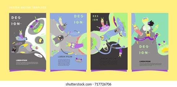 Colorful abstract liquid and curvy covers set. Bubble shapes cartoon character composition. Trendy retro design.