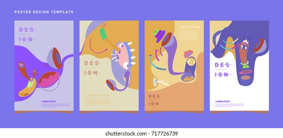 Colorful abstract liquid and curvy covers set. Bubble shapes cartoon character composition. Trendy retro design.