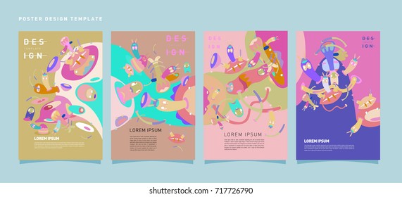 Colorful abstract liquid and curvy covers set. Bubble shapes cartoon character composition. Trendy retro design.