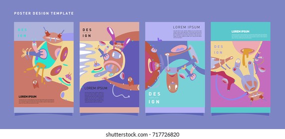 Colorful abstract liquid and curvy covers set. Bubble shapes cartoon character composition. Trendy retro design.
