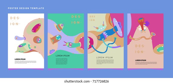Colorful abstract liquid and curvy covers set. Bubble shapes cartoon character composition. Trendy retro design.