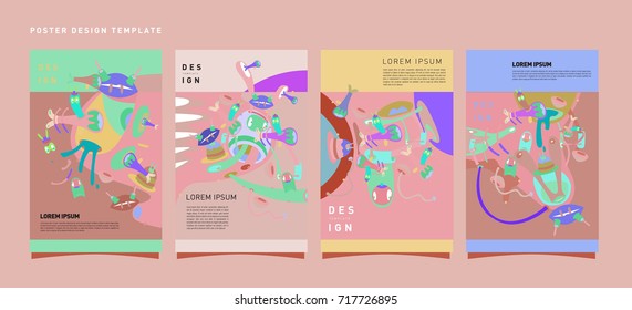Colorful abstract liquid and curvy covers set. Bubble shapes cartoon character composition. Trendy retro design.