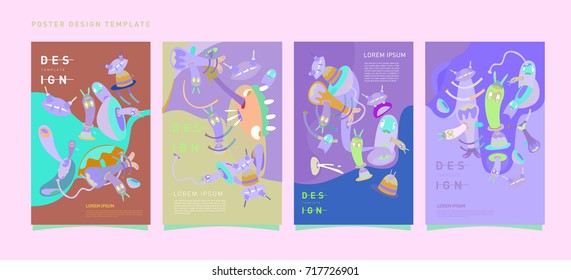 Colorful abstract liquid and curvy covers set. Bubble shapes cartoon character composition. Trendy retro design.