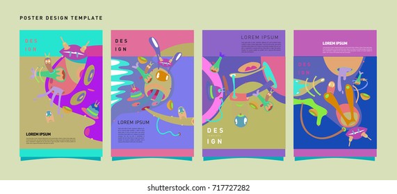 Colorful abstract liquid and curvy covers set. Bubble shapes cartoon character composition. Trendy retro toys design. 