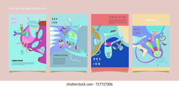 Colorful abstract liquid and curvy covers set. Bubble shapes cartoon character composition. Trendy retro toys design. 