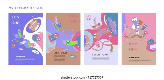 Colorful abstract liquid and curvy covers set. Bubble shapes cartoon character composition. Trendy retro toys design. 