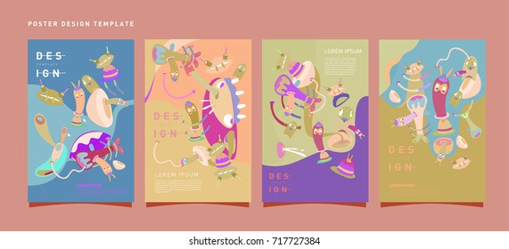 Colorful abstract liquid and curvy covers set. Bubble shapes cartoon character composition. Trendy retro toys design. 