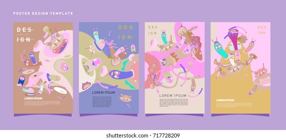 Colorful abstract liquid and curvy covers set. Bubble shapes cartoon character composition. Trendy retro toys design. 