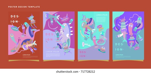 Colorful abstract liquid and curvy covers set. Bubble shapes cartoon character composition. Trendy retro toys design. 