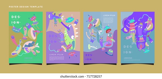 Colorful abstract liquid and curvy covers set. Bubble shapes cartoon character composition. Trendy retro toys design. 