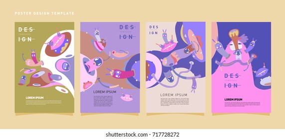 Colorful abstract liquid and curvy covers set. Bubble shapes cartoon character composition. Trendy retro toys design. 