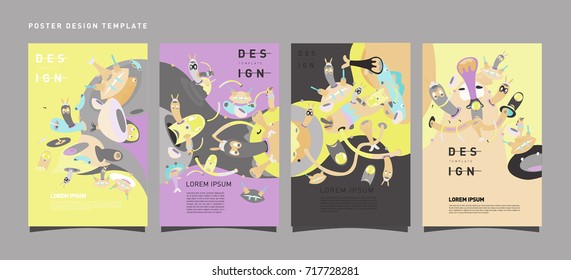 Colorful abstract liquid and curvy covers set. Bubble shapes cartoon character composition. Trendy retro toys design. 