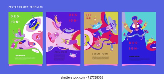 Colorful abstract liquid and curvy covers set. Bubble shapes cartoon character composition. Trendy retro toys design. 
