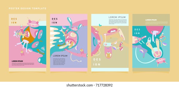Colorful abstract liquid and curvy covers set. Bubble shapes cartoon character composition. Trendy retro toys design. 