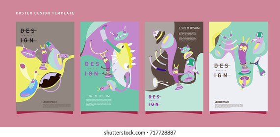 Colorful abstract liquid and curvy covers set. Bubble shapes cartoon character composition. Trendy retro toys design. 