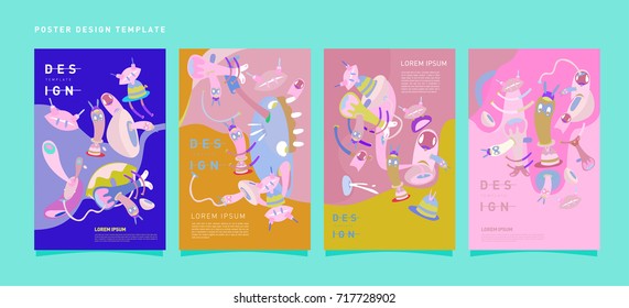 Colorful abstract liquid and curvy covers set. Bubble shapes cartoon character composition. Trendy retro toys design. 