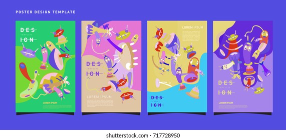 Colorful abstract liquid and curvy covers set. Bubble shapes cartoon character composition. Trendy retro toys design. 