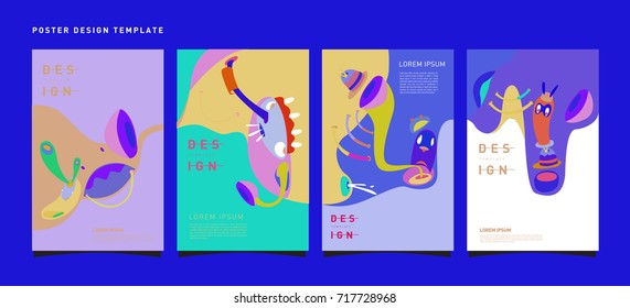 Colorful abstract liquid and curvy covers set. Bubble shapes cartoon character composition. Trendy retro toys design. 