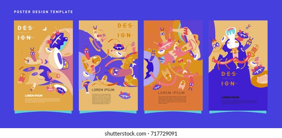 Colorful abstract liquid and curvy covers set. Bubble shapes cartoon character composition. Trendy retro toys design. 