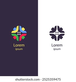 Colorful abstract logo with interconnected shapes forming a central star-like pattern. Ideal for branding, teamwork-themed businesses, creative design, and modern corporate identity.