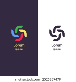 Logotipo abstracto colorido con Formas interconectadas que forman un patrón central similar a una estrella. Ideal para branding, negocios temáticos de trabajo en equipo, diseño creativo e identidad corporativa moderna.