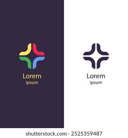 Logotipo abstrato colorido com formas interconectadas formando um padrão de estrela central. Ideal para marcas, negócios com temas de trabalho em equipe, design criativo e identidade corporativa moderna.