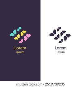 Logotipo abstrato colorido feito de formas de coração espalhadas, perfeito para marcas criativas e empresas com tema de amor.